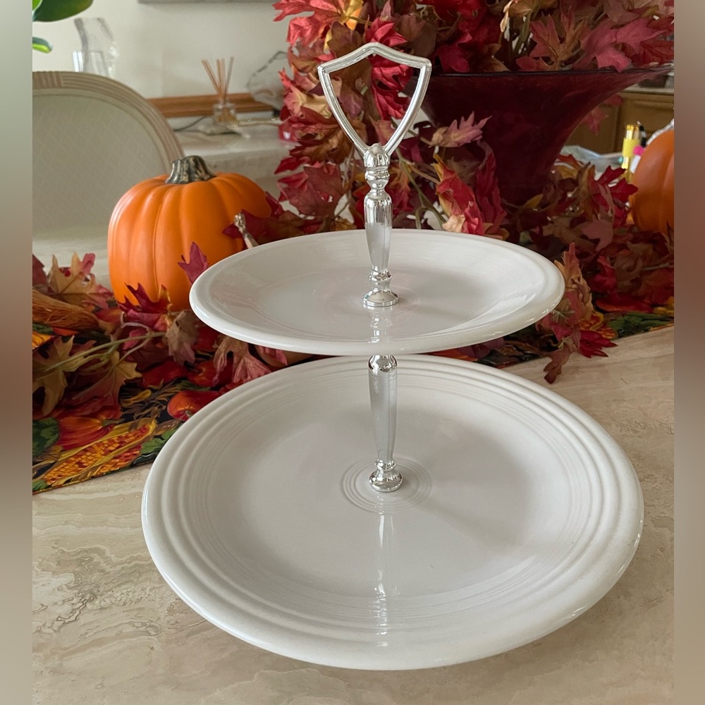 NEW VINTAGE Homer Laughlin Fiesta White Two Tier Ceramic Porcelain Tidbit Tray